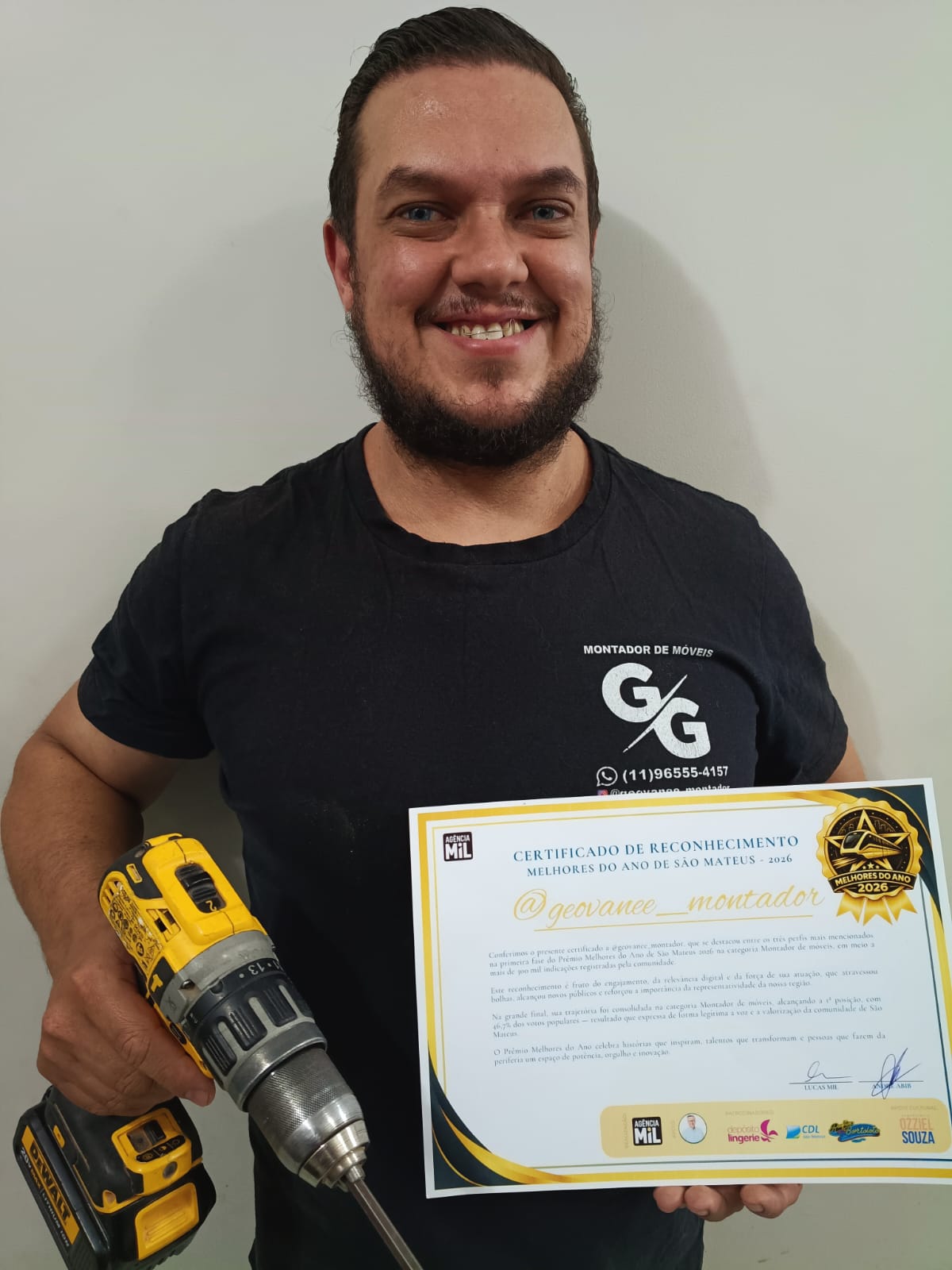 Geovani, o GG Montador de Móveis, com o certificado Melhores do Ano 2026 de São Mateus
